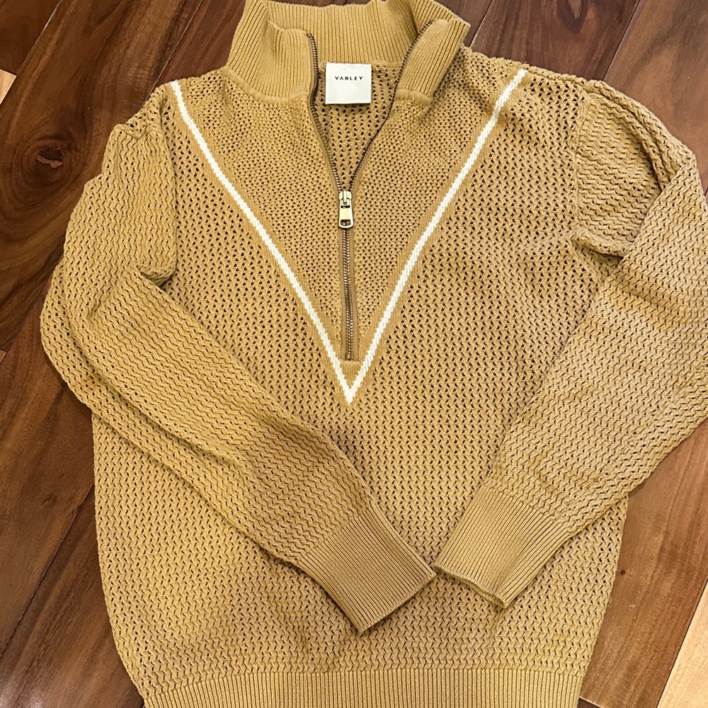 Varley Camel Knit Zip Sweater